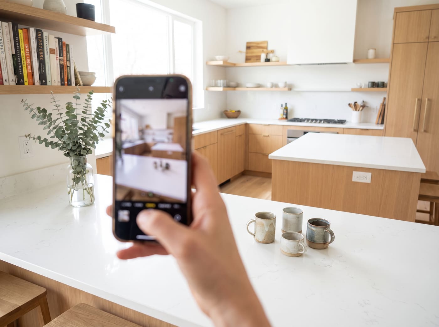Photographing a kitchen counter with a phone to capture a room for a virtual tour