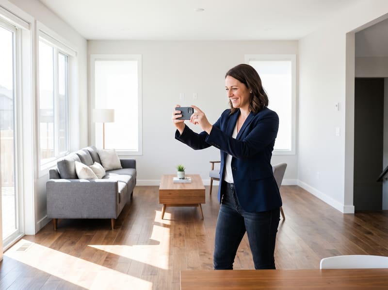 A real estate agent taking a phone photo of a living room