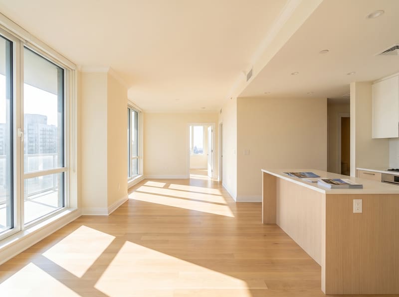 A bright, empty apartment interior styled for a virtual tour